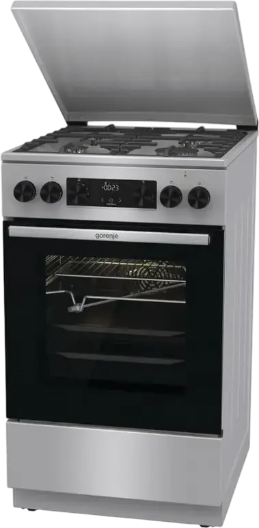 Комбинированная плита Gorenje GKS5C71XF, Газовая варочная панель с чугунными решетками, Электрический духовой шкаф 70л, Air Fry, Пар, Нержавеющая сталь