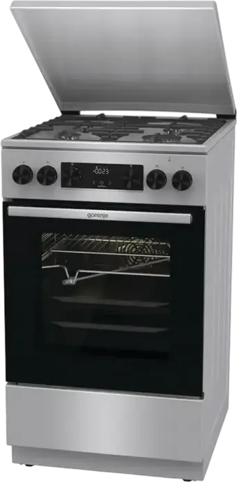 Комбинированная плита Gorenje GKS5C71XF, Газовая варочная панель с чугунными решетками, Электрический духовой шкаф 70л, Air Fry, Пар, Нержавеющая сталь