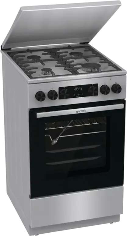 Комбинированная плита Gorenje GKS5C71XF, Газовая варочная панель с чугунными решетками, Электрический духовой шкаф 70л, Air Fry, Пар, Нержавеющая сталь