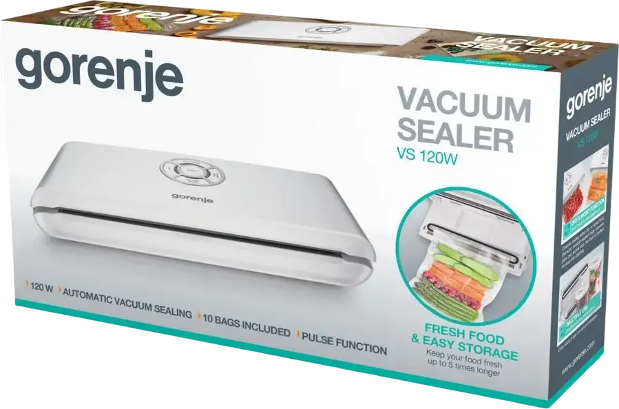 Gorenje VS120W Vacuum Sealer, 120W, 750 mbar Vacuum Pressure, LED Display, Dry & Moist Modes, Pulse Function, White Plastic Housing