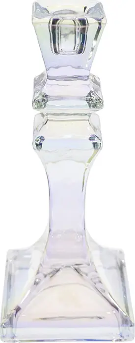 Iridescent Pearl Glass Candle Holder, 20 cm Height, Faceted Tiered Stem with Square Base, Clear Decorative Glass Candelabra