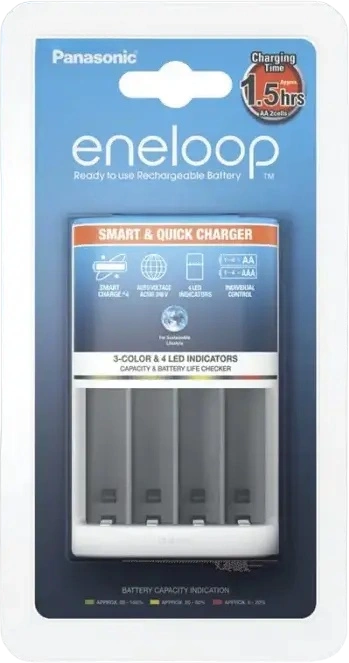 Panasonic BQ-CC55 Battery Charger for AA and AAA Ni-MH Rechargeable Batteries, 4 Slots, Smart & Quick Charging with LED Indicators, White