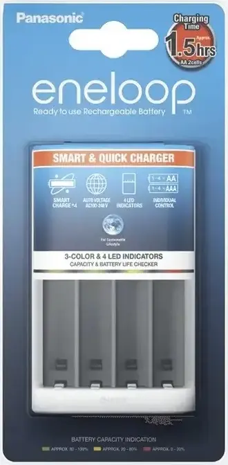 Panasonic BQ-CC55 Battery Charger for AA and AAA Ni-MH Rechargeable Batteries, 4 Slots, Smart & Quick Charging with LED Indicators, White