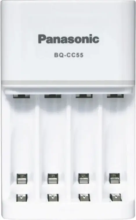 Panasonic BQ-CC55 Battery Charger for AA and AAA Ni-MH Rechargeable Batteries, 4 Slots, Smart & Quick Charging with LED Indicators, White