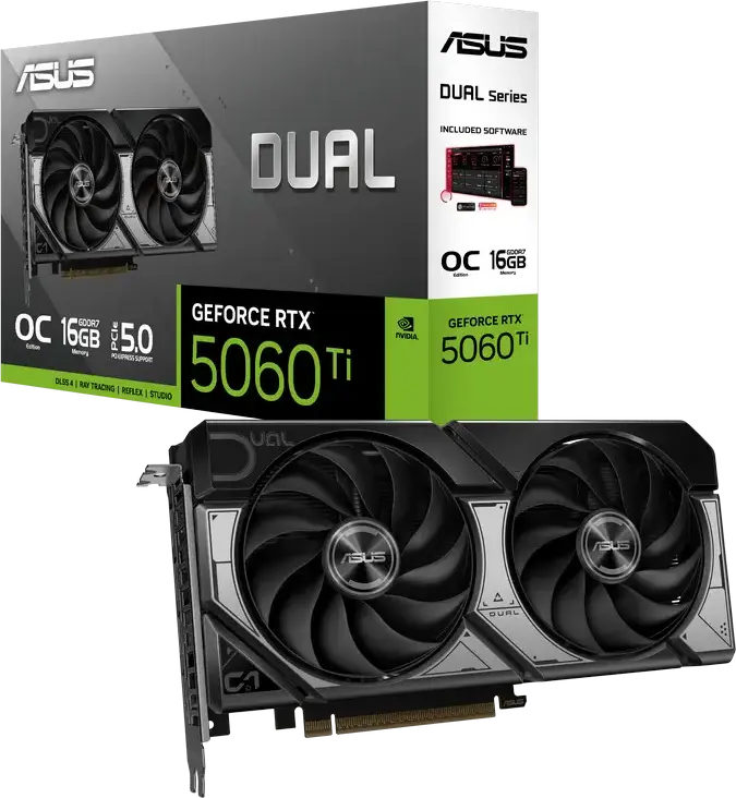 Видеокарта ASUS Dual GeForce RTX 5060 Ti DUAL-RTX5060TI-O8G, 16ГБ GDDR7, 4608 ядер CUDA, PCI Express 5.0, два вентилятора Axial-tech, технология 0dB