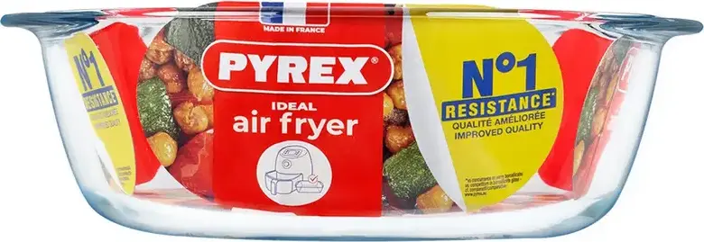 Pyrex 208B100 Round Borosilicate Glass Baking Dish for Air Fryers, 2.3L, 26cm Diameter, Heat Resistant up to 300C, Oven and Microwave Safe, Made in France