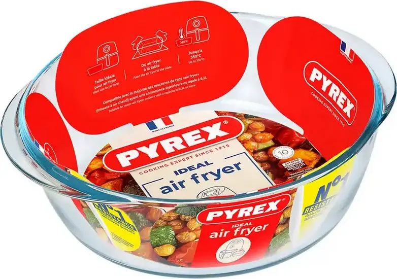 Pyrex 208B100 Round Borosilicate Glass Baking Dish for Air Fryers, 2.3L, 26cm Diameter, Heat Resistant up to 300C, Oven and Microwave Safe, Made in France