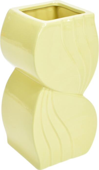 Ceramic Tabletop Vase with Sculptural Curved Body and Vertical Wave Relief Patterns, Yellow Decorative Vase with Square Opening