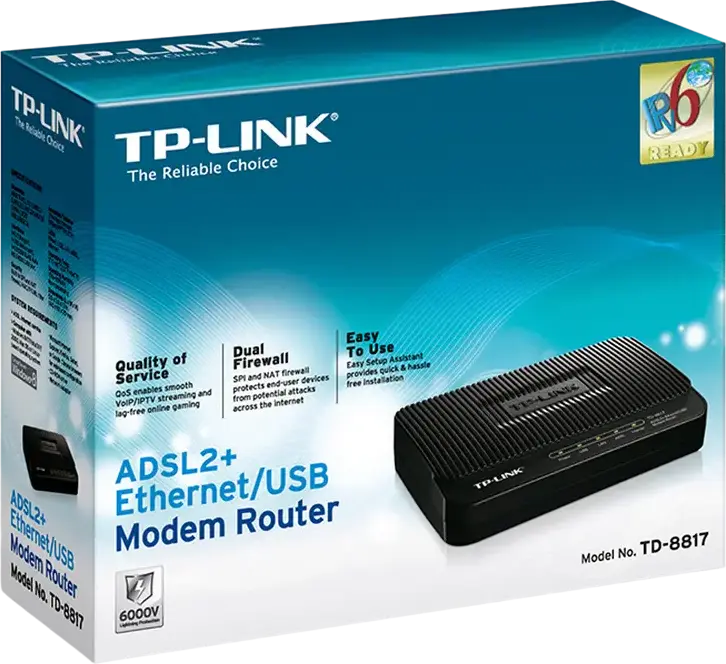 TP-Link TD-8817 Modem Router 2-in-1 ADSL2+, Viteza Downstream 24 Mbps, Porturi Ethernet/USB, Suport IPv6 Dual Stack, Firewall NAT si QoS, Negru