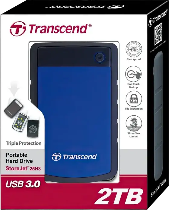 Hard Disk Extern Portabil Transcend StoreJet 25H3B 2TB HDD 2.5" USB 3.1 Gen 1, Protectie Shock MIL-STD-810G, Backup One-touch, Criptare AES