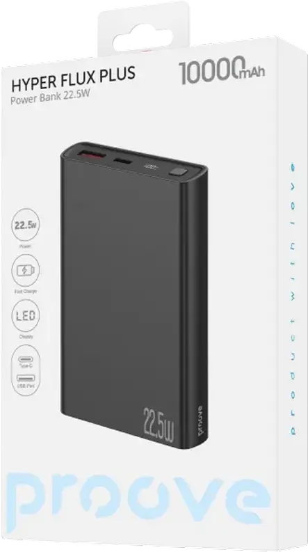 Proove Hyper Flux Plus 10000mAh Power Bank, Black, 22.5W Fast Charging, PD AFC FCP SCP QC 3.0, Digital LED Display, Type-C & USB Ports, ABS+PC Gradient Finish