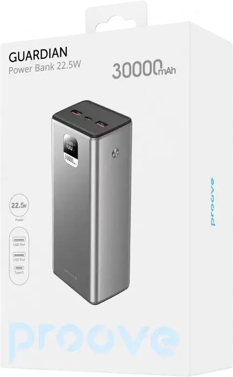 Proove Guardian 30000mAh High-Capacity Power Bank, 22.5W PD & QC Fast Charging, LCD Display, 3 Ports (2x USB-A, 1x USB-C), Aluminium & PC, Grey