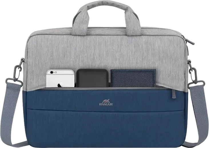 Geanta Laptop Rivacase Prater 7532 pentru laptopuri de 15.6 inch si tablete de 10.1 inch, Poliester Impermeabil, Buzunar Anti-furt, Gri/Albastru