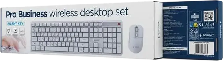 Беспроводной набор Gembird Silent key Pro Business KBS-WMS-01, цвет Молочно-белый, тонкая бесшумная клавиатура 105 клавиш, эргономичная оптическая мышь 5000 DPI, USB-наноприемник 2.4 ГГц
