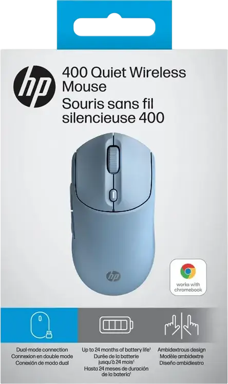 HP 400 Quiet Wireless Mouse, Blue, Dual-mode Bluetooth and 2.4GHz USB, Adjustable 6000 DPI, Ambidextrous Compact Design, Quiet-click Buttons, 24 Month Battery