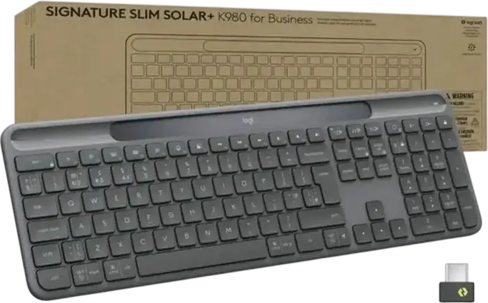 Logitech Signature Slim Solar K980 Wireless Keyboard, Scissor Switches, Solar-Powered Logi LightCharge, Bluetooth & Logi Bolt USB-C, Easy-Switch 3 Devices, Graphite