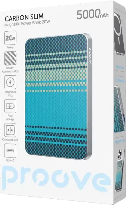 Внешний аккумулятор Proove Carbon Slim 20W 5000mAh, цвет серебристый, быстрая зарядка PD3.1 QC3.0, беспроводная зарядка Qi 15W, корпус из кевлара и алюминия, ультратонкий