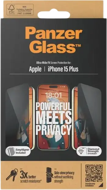 PanzerGlass Privacy Screen Protector for Apple iPhone 15 Plus, Tempered Glass, Ultra-Wide Fit, 0.7mm, Anti-Scratch, Smudge-Free, with EasyAligner