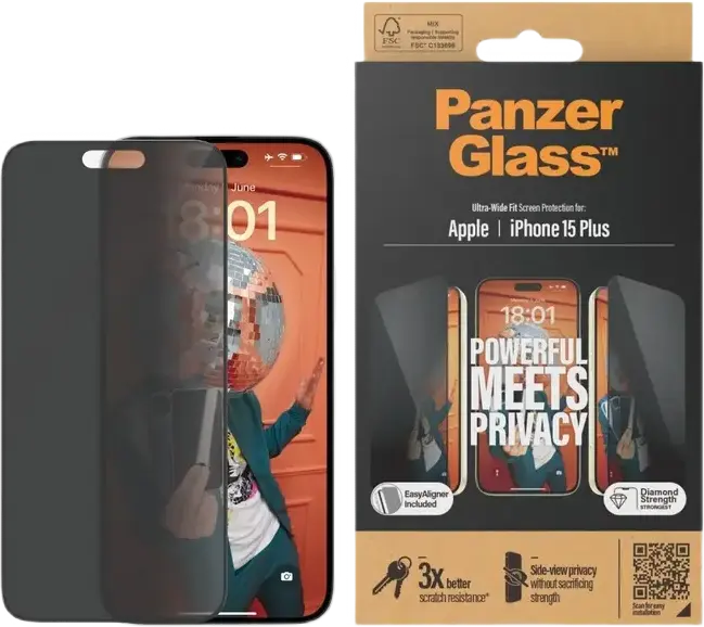 PanzerGlass Privacy Screen Protector for Apple iPhone 15 Plus, Tempered Glass, Ultra-Wide Fit, 0.7mm, Anti-Scratch, Smudge-Free, with EasyAligner
