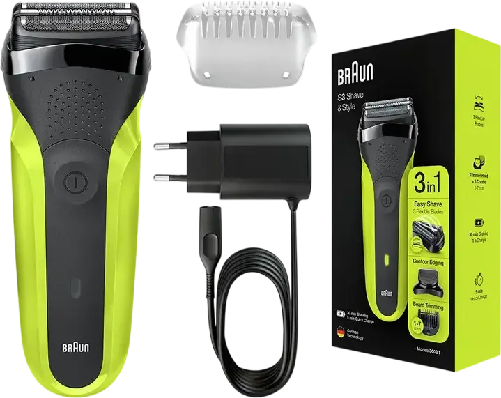 Braun Series 3 Shave&Style 300BT Electric Shaver and Trimmer Set, 3 Flexible Blades, Integrated Trimmer, 5 Combs, Washable, Black/Volt Green