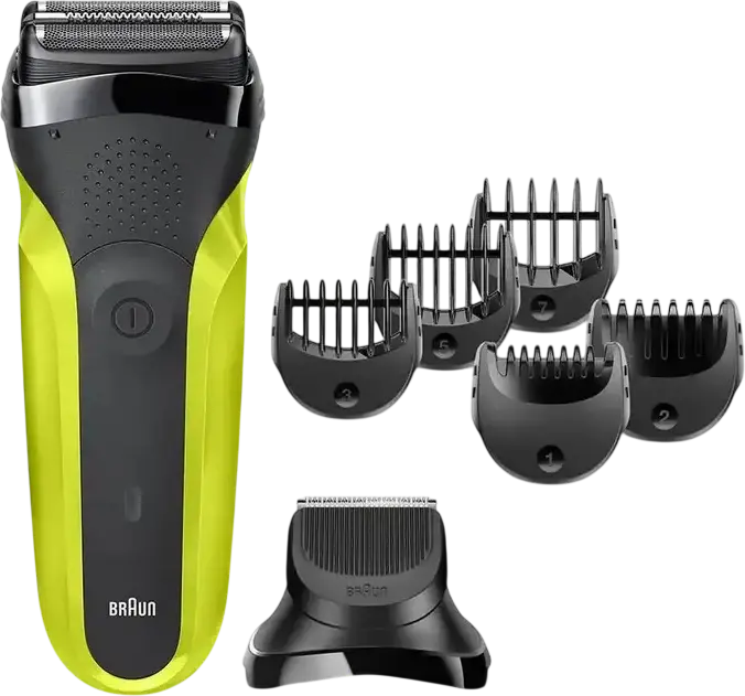 Braun Series 3 Shave&Style 300BT Electric Shaver and Trimmer Set, 3 Flexible Blades, Integrated Trimmer, 5 Combs, Washable, Black/Volt Green