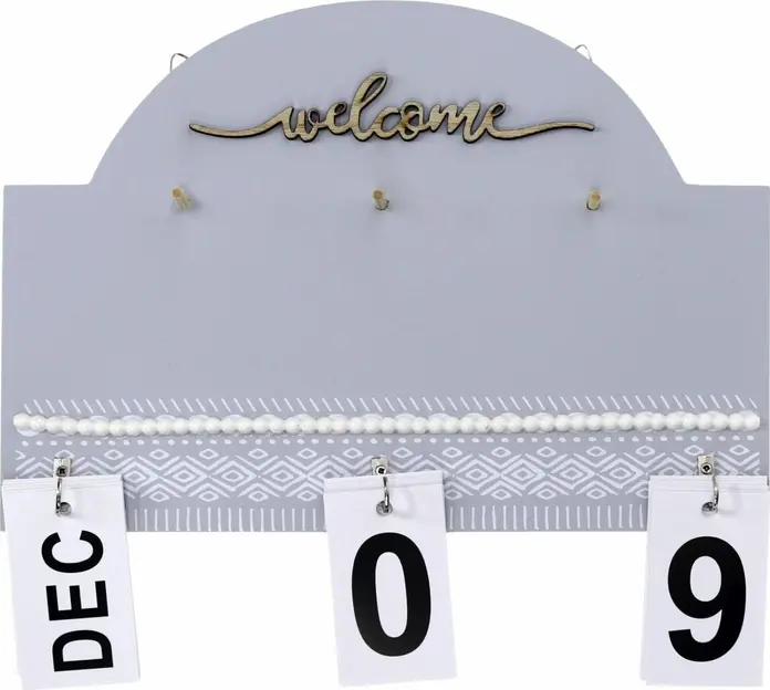 Suport de chei din lemn pentru perete cu calendar perpetuu integrat, 3 crochet, inscripție Welcome, design decorativ gri și alb