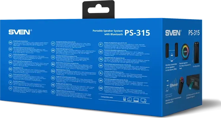 Box Portabil Bluetooth SVEN PS-315, Putere 20W RMS, Rezistenta la Apa IPX6, Iluminare RGB, Suport TWS, USB/microSD/AUX, Incarcare Type-C, Negru