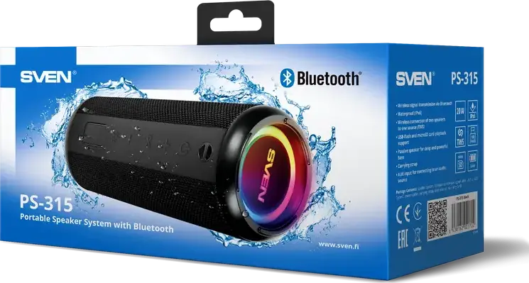 Box Portabil Bluetooth SVEN PS-315, Putere 20W RMS, Rezistenta la Apa IPX6, Iluminare RGB, Suport TWS, USB/microSD/AUX, Incarcare Type-C, Negru