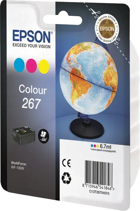 Epson T267 Tri-Color Pigment Ink Cartridge C13T26704010 for WorkForce WF-100, WF-100W, WF-110W Printers, 6.7 ml, 200 Page Yield