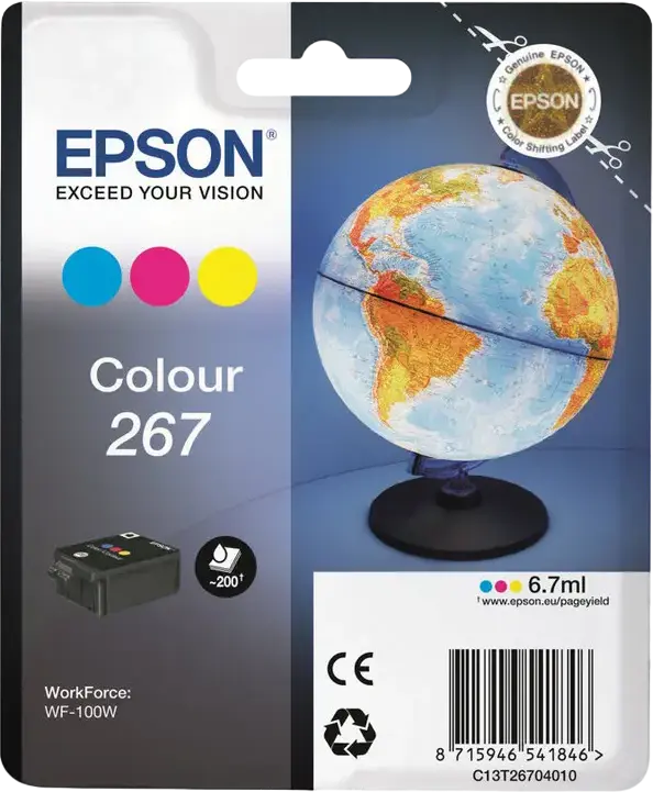 Epson T267 Tri-Color Pigment Ink Cartridge C13T26704010 for WorkForce WF-100, WF-100W, WF-110W Printers, 6.7 ml, 200 Page Yield
