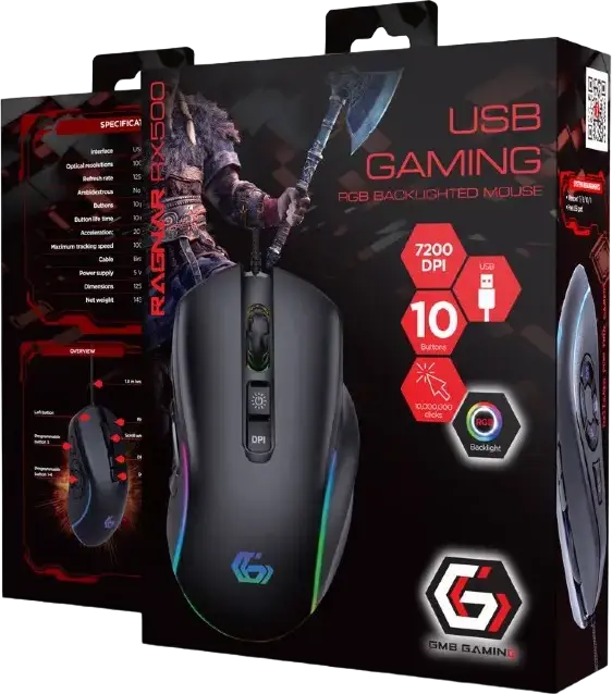 Gembird RAGNAR-RX500 Wired Gaming Mouse, Optical Sensor up to 7200 DPI, 10 Programmable Buttons, RGB Backlight, Braided Cable, Black