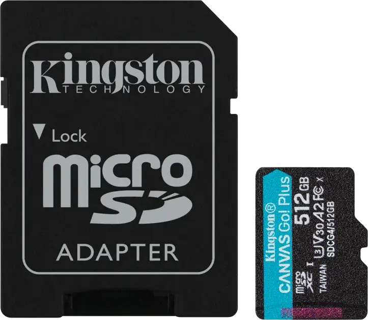 Kingston Canvas Go! Plus SDCG4 512GB microSDXC Memory Card, Up to 200MB/s, Class 10 UHS-I U3 V30 A2, Waterproof X-Ray Proof, with SD Adapter