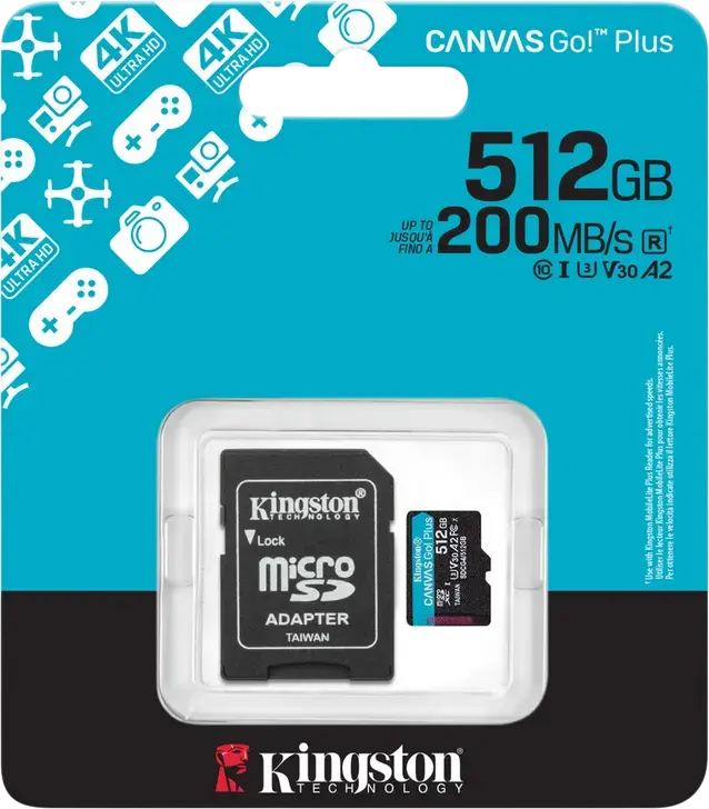 Kingston Canvas Go! Plus SDCG4 512GB microSDXC Memory Card, Up to 200MB/s, Class 10 UHS-I U3 V30 A2, Waterproof X-Ray Proof, with SD Adapter