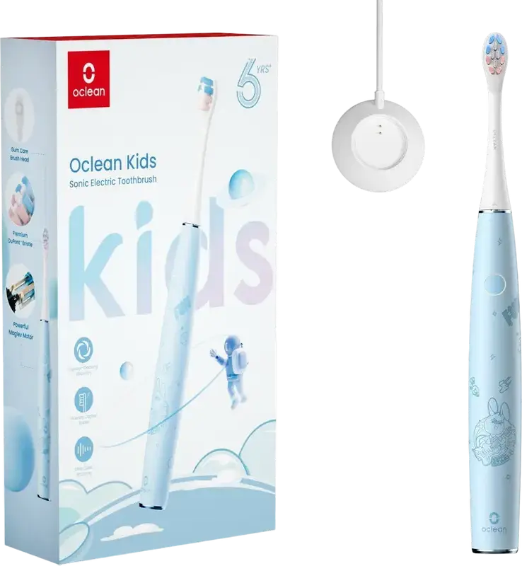 Perie de dinti electrica sonica Oclean Kids, 80.000 osc/min, 2 moduri de intensitate, temporizator de 2 minute, impermeabila IPX7, peri DuPont, albastru deschis