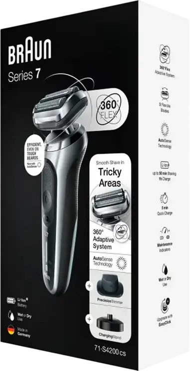 Braun Series 7 71-S4200cs Electric Foil Shaver, 360 Adaptive Head, AutoSense Technology, Wet & Dry Waterproof, Li-Ion Battery, Silver/Black
