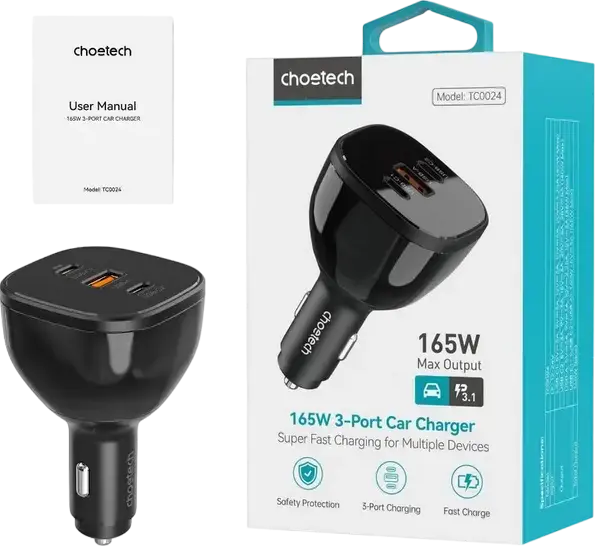 Incarcator Auto Choetech TC0024 165W, 3 Porturi cu 2x USB-C si 1x USB-A, Corp din PC si Aluminiu, Mufa Brichetar 12-24VDC, Negru
