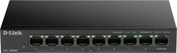 Switch PoE Neadministrat D-Link DES-1009MP, 8 porturi PoE 10/100Mbps + 1 port Uplink Gigabit, Buget Putere 117W, Carcasă Metalică Fără Ventilator, Negru