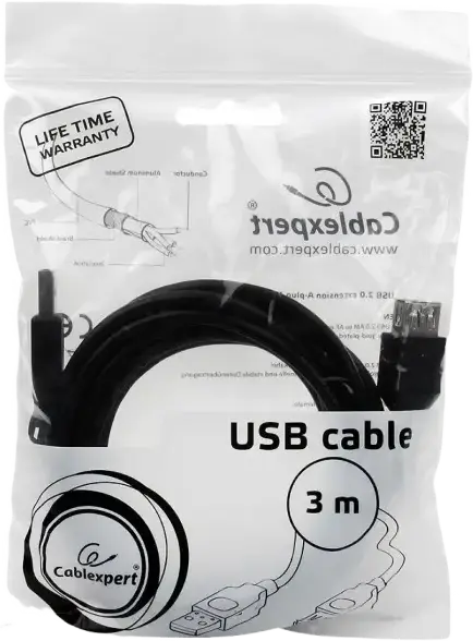 Gembird Cablexpert CCP-USB2-AMAF-10 USB 2.0 Extension Cable, Type-A Male to Type-A Female, Gold-Plated Connectors, PVC Jacket, Black, 3m