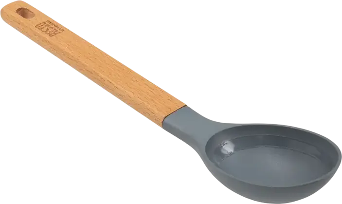 Lingura de servire Resto Kitchenware 94200 Subra, cap din plastic PBT, maner din lemn de fag, gri, rezistenta la caldura 210°C, cu marcaje de volum, 31 x 6 cm