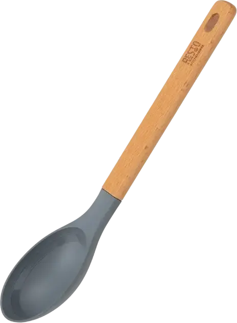 Lingura de servire Resto Kitchenware 94200 Subra, cap din plastic PBT, maner din lemn de fag, gri, rezistenta la caldura 210°C, cu marcaje de volum, 31 x 6 cm