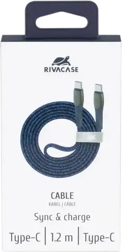 Rivacase PS6105 USB-C to USB-C Sync & Charge Cable, Blue, 60W Power Delivery, 3A, 480 Mbps, Nylon Braided Flat Design, Zinc Alloy Connectors, 1.2m