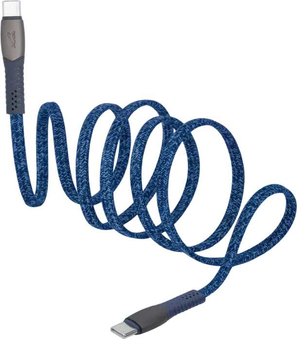 Rivacase PS6105 USB-C to USB-C Sync & Charge Cable, Blue, 60W Power Delivery, 3A, 480 Mbps, Nylon Braided Flat Design, Zinc Alloy Connectors, 1.2m