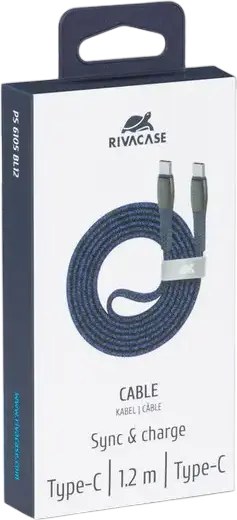 Rivacase PS6105 USB-C to USB-C Sync & Charge Cable, Blue, 60W Power Delivery, 3A, 480 Mbps, Nylon Braided Flat Design, Zinc Alloy Connectors, 1.2m