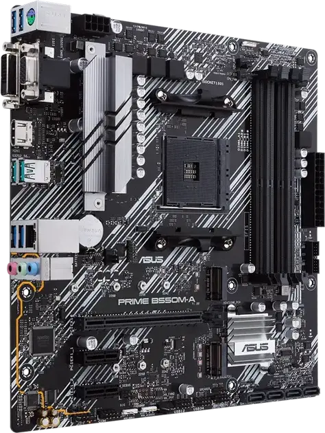ASUS PRIME B550M-A Micro-ATX Motherboard, AMD AM4 Socket, B550 Chipset, DDR4 4866MHz (OC), PCIe 4.0, Dual M.2 Slots, HDMI 2.1, VGA, DVI-D