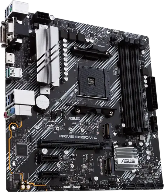 ASUS PRIME B550M-A Micro-ATX Motherboard, AMD AM4 Socket, B550 Chipset, DDR4 4866MHz (OC), PCIe 4.0, Dual M.2 Slots, HDMI 2.1, VGA, DVI-D