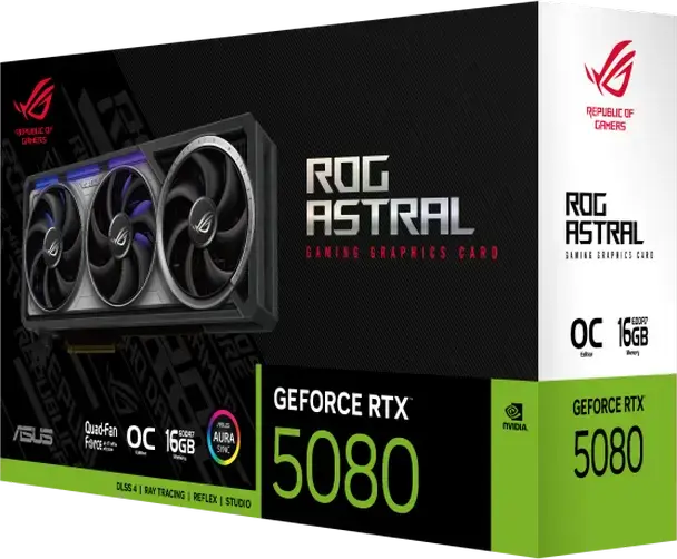 ASUS ROG Astral GeForce RTX 5080 OC Edition 16GB GDDR7 Graphics Card, 2790 MHz Boost, PCI Express 5.0, Quad-fan Cooling, ARGB Aura Sync