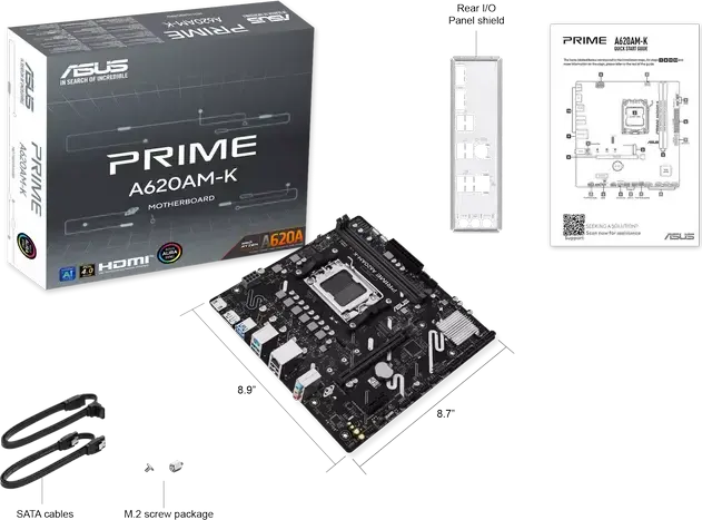 ASUS PRIME A620AM-K Motherboard AM5 AMD A620A Micro-ATX, DDR5 128GB, PCIe 4.0, M.2, HDMI 2.1, DisplayPort 1.4, for Ryzen 9000/8000/7000 Series