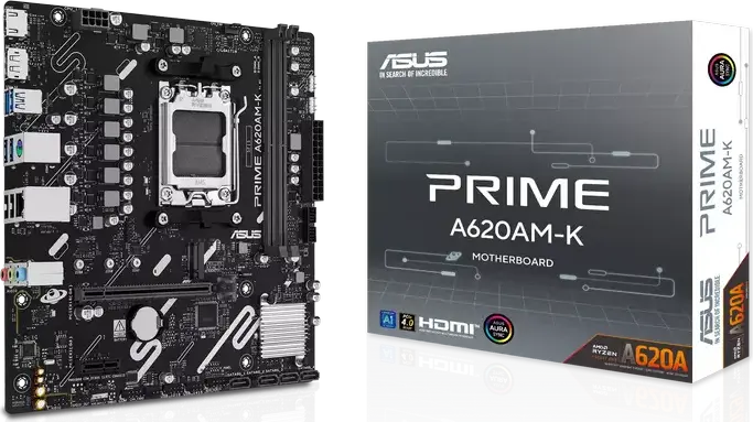 ASUS PRIME A620AM-K Motherboard AM5 AMD A620A Micro-ATX, DDR5 128GB, PCIe 4.0, M.2, HDMI 2.1, DisplayPort 1.4, for Ryzen 9000/8000/7000 Series