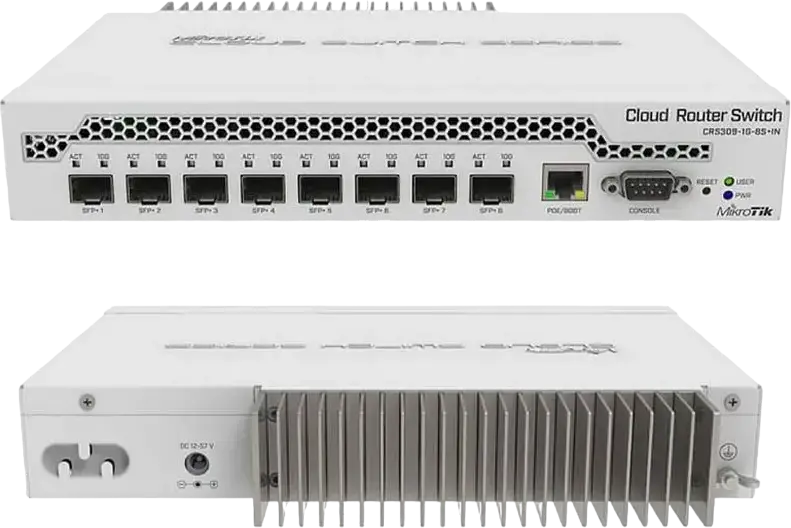 Сетевой коммутатор MikroTik CRS309-1G-8S+IN, 8 портов SFP+ 10 Гбит/с, 1 порт Gigabit Ethernet PoE для управления, CPU Dual-core 800 МГц, 512 МБ RAM, Dual Boot RouterOS/SwOS