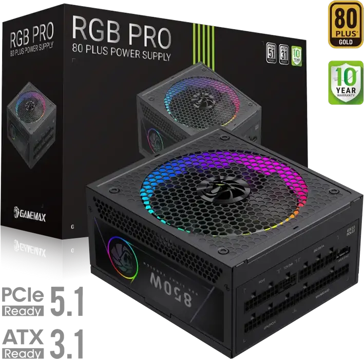 Gamemax RGB-850G PRO 850W Power Supply, 80 Plus Gold, Fully Modular ATX 12V 3.1 PCIe 5.1 with 12V-2x6 Connector, ARGB Fan, Japanese Capacitors, Black
